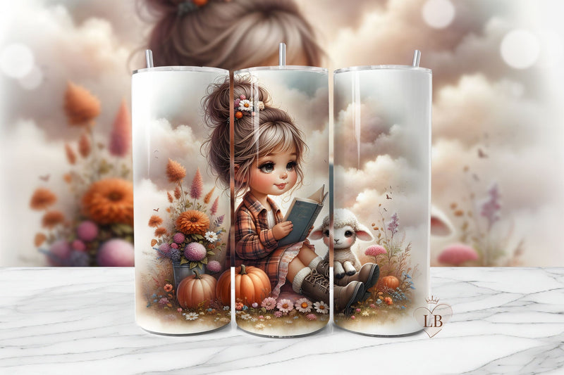 Girl Reading with Lamb Fall Tumbler Wrap PNG Sublimation BijouBay 