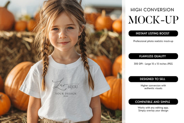 Girl T-Shirt Mockup Blank White Tee Autumn Pumpkin Mock Up Photo BijouBay 