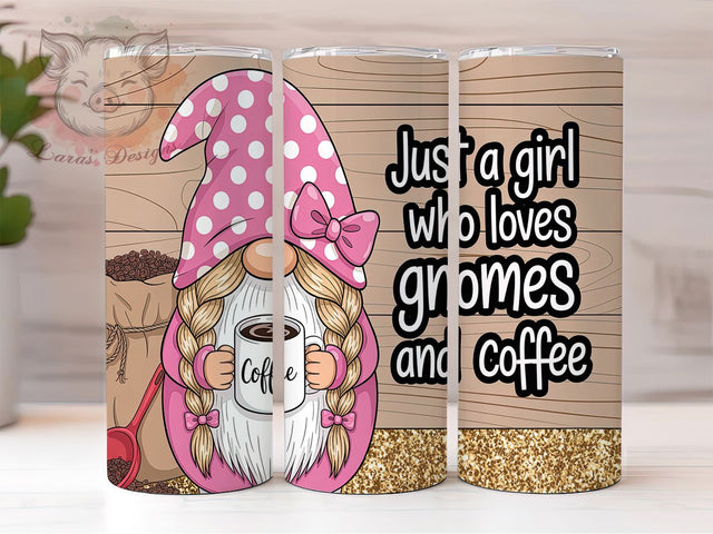 Girl Who Loves Gnomes Coffee Tumbler, Girl Who Loves Gnomes, 20oz Sublimation, Coffee Lover Wrap, Cute Gnome Cup, Gnome Drinkware, Coffee Gift For Her Sublimation Lara' s Designs 