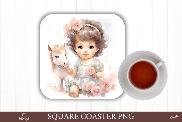 Girl with Little Horse Sublimation PNG. Square Coaster PNG Sublimation Olga Terlyanskaya 