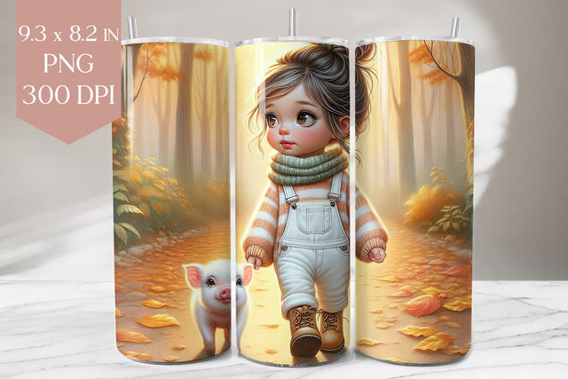 Girl with Piglet in Autumn Forest PNG Sublimation BijouBay 