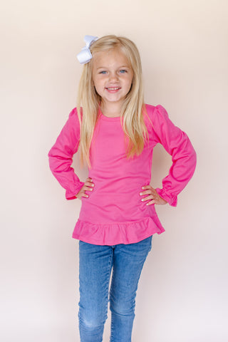 Girl's Long Sleeve Ruffle Shirt (Youth) | Blanks for HTV and T Shirt Tranfers Physical ARB Blanks Hot Pink 6 