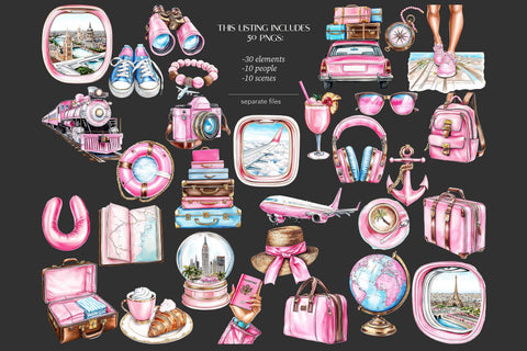 Girly Travel Clipart | Pink Summer Vacation PNGs SVG GlamArtZhanna 