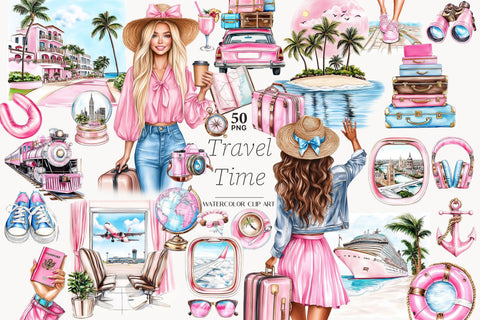 Girly Travel Clipart | Pink Summer Vacation PNGs SVG GlamArtZhanna 