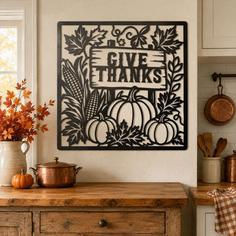 Give Thanks Laser SVG | Thanksgiving SVG Cut File | Pumpkin Laser Cut File | Autumn Metal Art | CNC Plasma Dxf | Thanksgiving Wall Decor SVG HappyDesignStudio 
