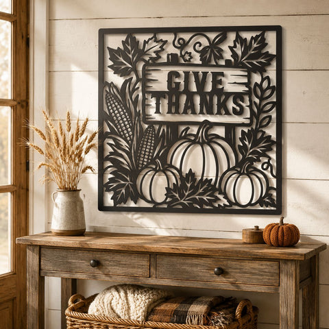 Give Thanks Laser SVG | Thanksgiving SVG Cut File | Pumpkin Laser Cut File | Autumn Metal Art | CNC Plasma Dxf | Thanksgiving Wall Decor SVG HappyDesignStudio 