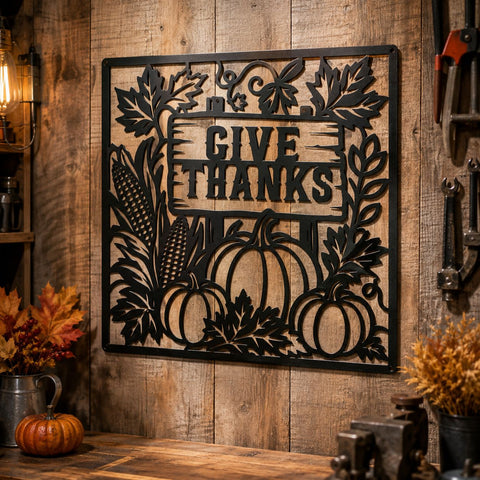 Give Thanks Laser SVG | Thanksgiving SVG Cut File | Pumpkin Laser Cut File | Autumn Metal Art | CNC Plasma Dxf | Thanksgiving Wall Decor SVG HappyDesignStudio 