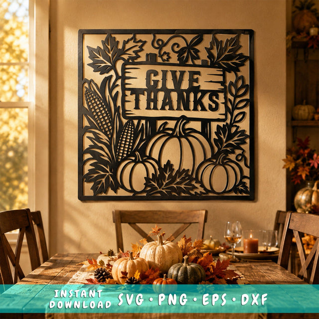 Give Thanks Laser SVG | Thanksgiving SVG Cut File | Pumpkin Laser Cut File | Autumn Metal Art | CNC Plasma Dxf | Thanksgiving Wall Decor SVG HappyDesignStudio 