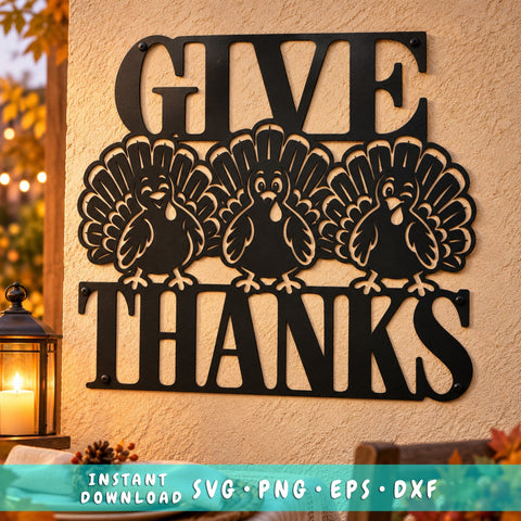 Give Thanks Turkey Trio Laser SVG | Thanksgiving Turkey DXF | Funny Fall Metal Wall Art | Holiday Plasma CNC Cutting File SVG HappyDesignStudio 