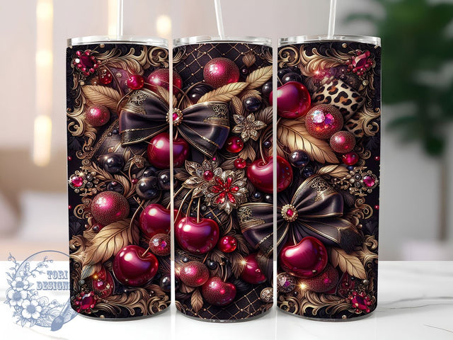 Glam Leopard Cherry Tumbler, Glam Leopard Wrap, Festive Party Cup, 20oz Sublimation Wrap, Elegant Cherry Leopard Tumbler, Stylish Luxury Design Cup, Leopard Print Theme Wrap Sublimation ToriDesigns 