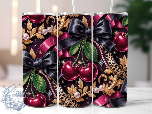 Glam Leopard Cherry Tumbler, Glam Leopard Wrap, Festive Party Cup, 20oz Sublimation Wrap, Elegant Cherry Leopard Tumbler, Stylish Luxury Design Cup, Leopard Print Theme Wrap Sublimation ToriDesigns 