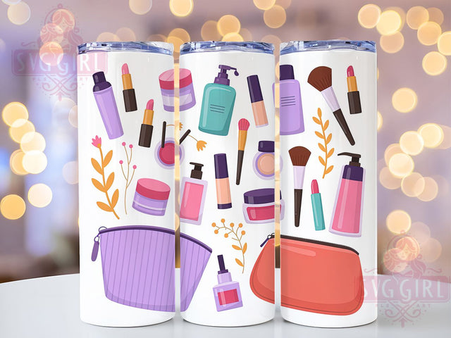 Glam Makeup Cosmetics Beauty Tumbler Wrap, Beauty Lover Drinkware, 20Oz Sublimation Wrap, Glam Cosmetic Cup, Salon Life Gift Idea, Lipstick And Brush Design, Fashionista Coffee Mug Sublimation SvggirlplusArt 
