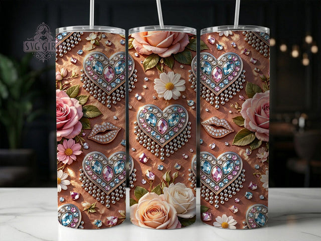 Glam Rhinestone Hearts 20oz Tumbler, Glam rhinestone design, Heart tumbler wrap, 20oz skinny tumbler, Sparkly heart print, Sublimation tumbler wrap, Bling heart pattern, Sublimation SvggirlplusArt 