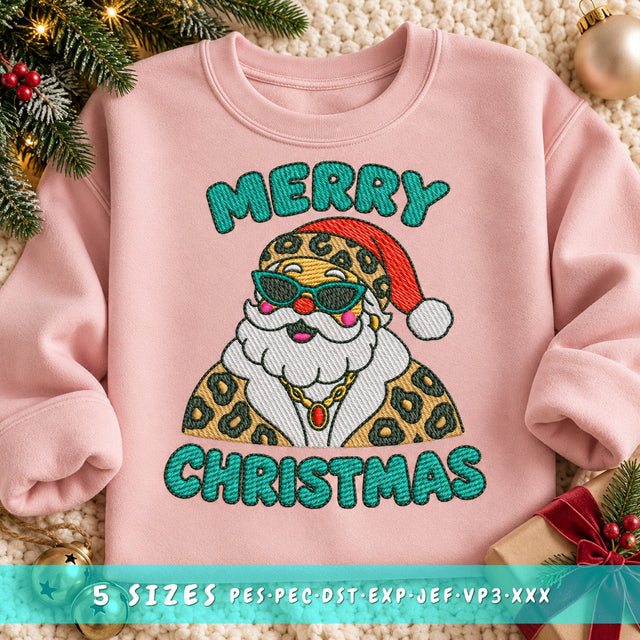 Glam Santa Embroidery Design | Merry Christmas Leopard Print Santa | Sassy Santa Machine Embroidery | 5 Sizes | PES DST JEF VP3 Embroidery/Applique DESIGNS HappyDesignStudio 