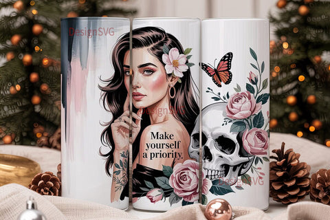 Glam Skull & Floral Tumbler Wrap Sublimation DesignSVG 