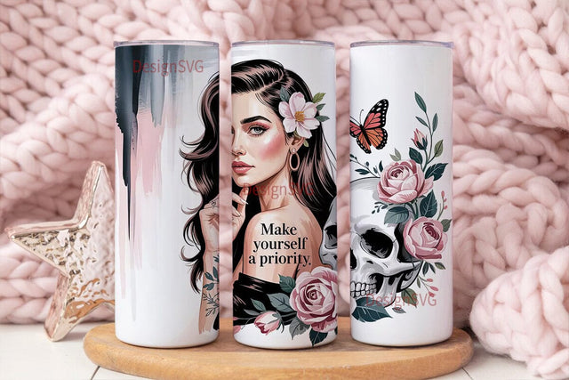 Glam Skull & Floral Tumbler Wrap Sublimation DesignSVG 