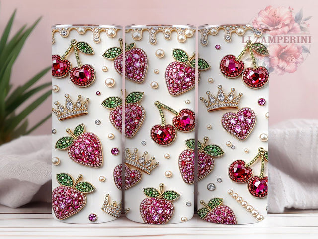 Glam Strawberry Cherry 20oz Tumbler, Glam strawberry design, Cherry tumbler wrap, 20oz skinny tumbler, Glam fruit print, Sublimation tumbler wrap, Sparkly fruit design, Strawberry Sublimation Li Zamperini 