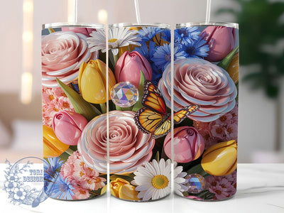 Glass Block Roses Tulips Butterflies 20oz Tumbler, Glass Block, Roses Design, Tulips Floral, Butterfly Motif, Sublimation Wrap, 20oz Tumbler, Elegant Charm Sublimation ToriDesigns 