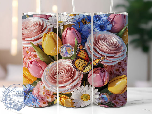 Glass Block Roses Tulips Butterflies 20oz Tumbler, Glass Block, Roses Design, Tulips Floral, Butterfly Motif, Sublimation Wrap, 20oz Tumbler, Elegant Charm Sublimation ToriDesigns 