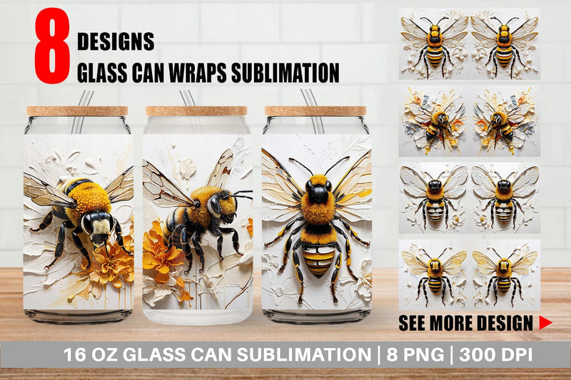 Glass Can 3D Bee Painting Sublimation artnoy 