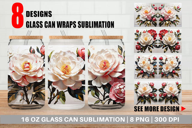 Glass Can 3D Camellia Flower Sublimation artnoy 