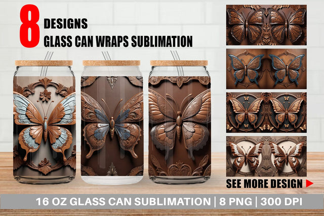 Glass Can 3D Carved Butterfly Sublimation artnoy 