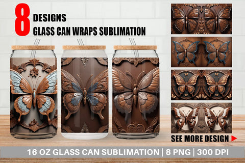 Glass Can 3D Carved Butterfly Sublimation artnoy 