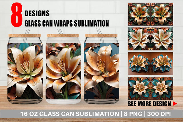 Glass Can 3D Carved Lily Sublimation artnoy 