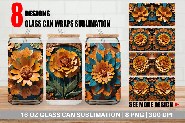 Glass Can 3D Carved Marigold Sublimation artnoy 