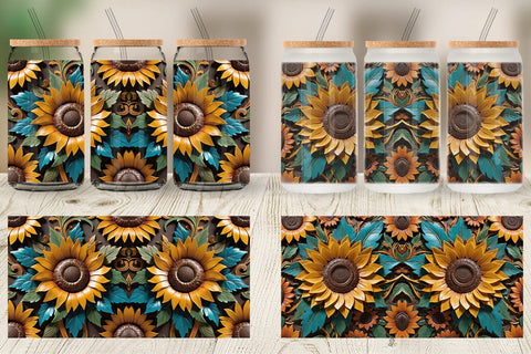 Glass Can 3D Carved Sunflower Sublimation artnoy 
