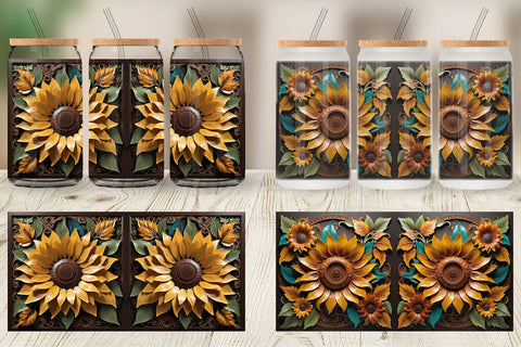 Glass Can 3D Carved Sunflower Sublimation artnoy 