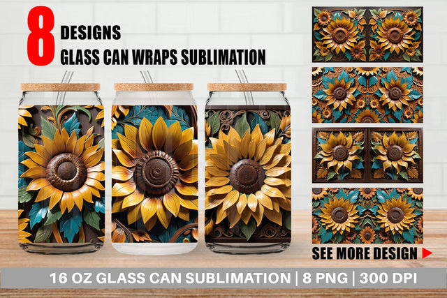 Glass Can 3D Carved Sunflower Sublimation artnoy 