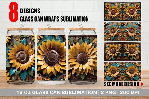 Glass Can 3D Carved Sunflower Sublimation artnoy 