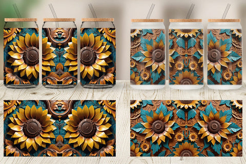 Glass Can 3D Carved Sunflower Sublimation artnoy 