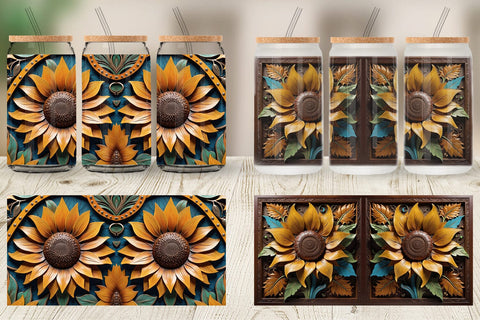 Glass Can 3D Carved Sunflower Sublimation artnoy 