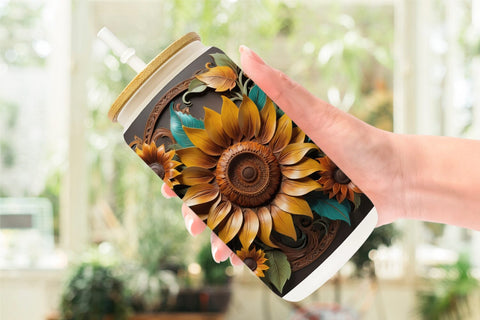 Glass Can 3D Carved Sunflower Sublimation artnoy 