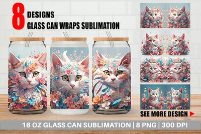 Glass Can 3D Cat with Flower Fantasy Sublimation artnoy 