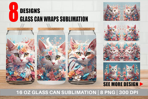 Glass Can 3D Cat with Flower Fantasy Sublimation artnoy 