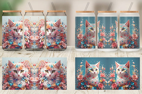 Glass Can 3D Cat with Flower Fantasy Sublimation artnoy 