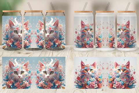 Glass Can 3D Cat with Flower Fantasy Sublimation artnoy 