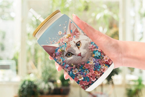 Glass Can 3D Cat with Flower Fantasy Sublimation artnoy 