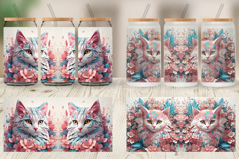 Glass Can 3D Cat with Flower Fantasy Sublimation artnoy 