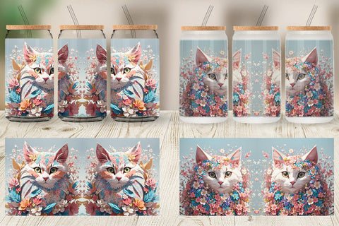 Glass Can 3D Cat with Flower Fantasy Sublimation artnoy 