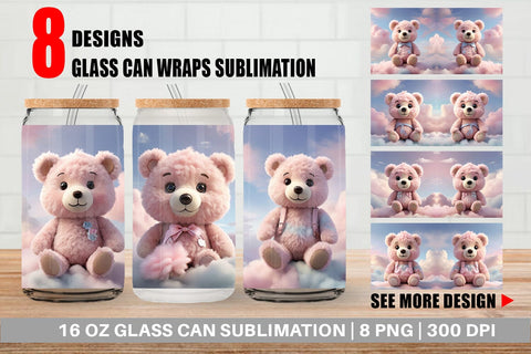 Glass Can 3D Cute Teddy Bear Pastel Sublimation artnoy 