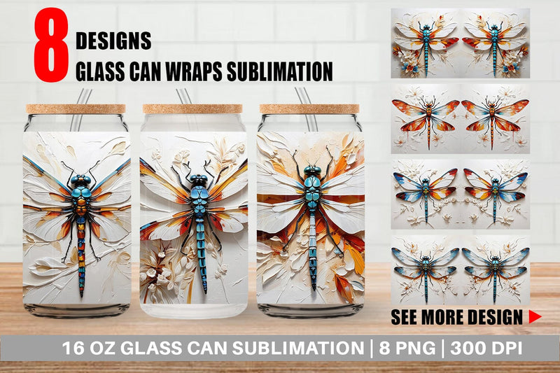 Glass Can 3D Dragonfly Painting Sublimation artnoy 