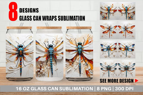 Glass Can 3D Dragonfly Painting Sublimation artnoy 