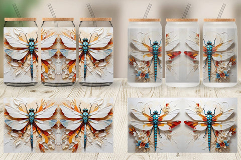 Glass Can 3D Dragonfly Painting Sublimation artnoy 