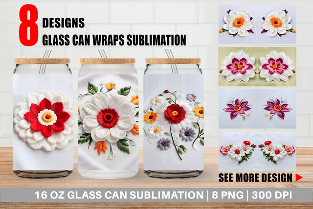 Glass Can 3D Flower Embroidered Sublimation artnoy 