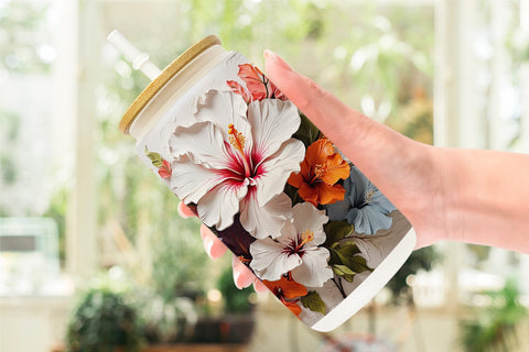 Glass Can 3D Hibiscus Flower Sublimation artnoy 