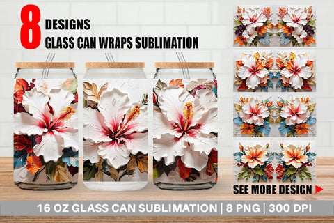 Glass Can 3D Hibiscus Flower Sublimation artnoy 